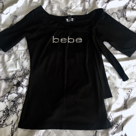 Black bebe Rhinestone Logo 3/4 Sleeve Tee - Picture 1 of 4